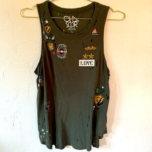 Chaser Distressed Patchwork Military Green Tank Top